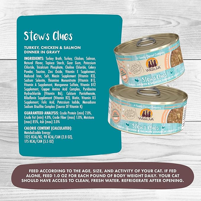 Weruva Classic Cat Stews!, Stew's Clues with Turkey, Chicken & Salmon in Gravy, 2.8oz Can (Pack of 12)