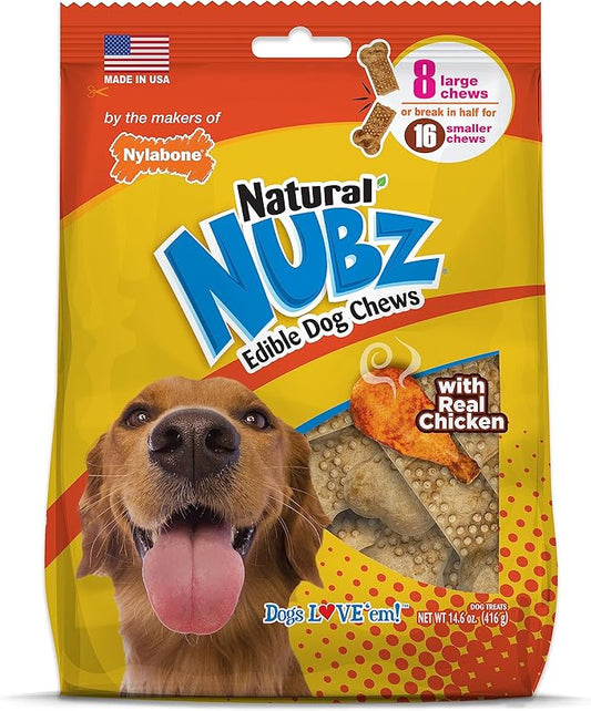 Nylabone Nubz Natural Dog Chew Treats for Large Dogs, Long Lasting Dog Bones Made in USA, Chicken Flavor Breath Freshener Dental Chews, for Dogs Up to 50 lbs. (8 Count)