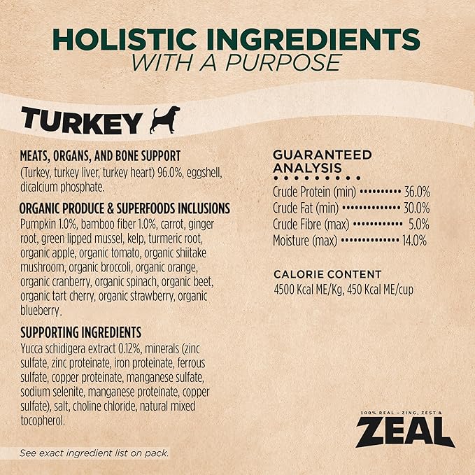 ZEAL Canada Air-Dried Turkey Recipe for Dogs - High Protein, Natural Superfoods, Nutrient Rich, No Fillers, Grain Free, Complete & Balanced (Turkey, 5.5lb)