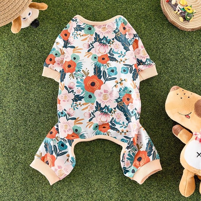 Dog Pajamas Onesie for Small & Medium Dogs - Polyester, Cozy, Wrinkle-Resistant Four-Legged Apparel (Floral, Large)
