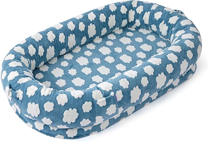 LE SURE Human Dog Bed for Adult - Calming Human Size Dog Bed with Egg Foam Supportive Mat and Storage Pocket, Cute Modern Pet Beds with Jacquard Shaggy Plush & Anti Slip Bottom 55x37x10, Blue