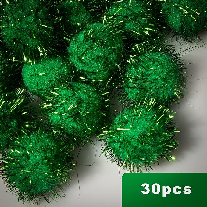 VAPKER 30 Piece 1.5" Green Color Sparkle Balls Cat's Favorite Toy Tinsel Pom Poms Glitter