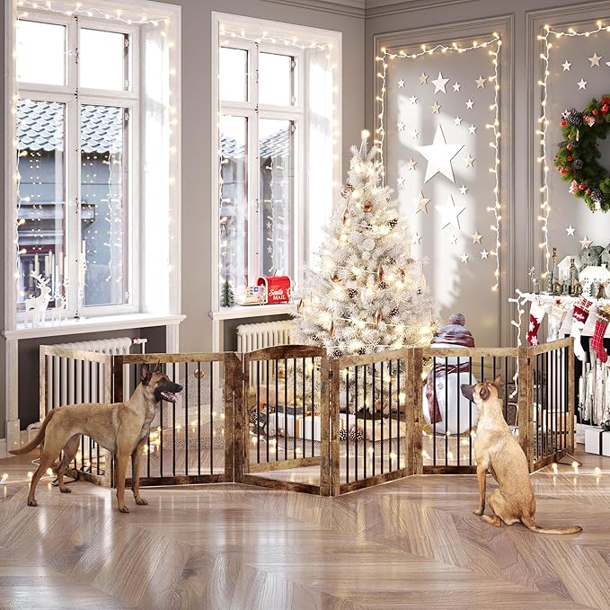 Vantas Folding Pet Gate 144" Wide, 30" Tall No-Assembly Wooden Dog Gate with Door Walk Through, Freestanding Pet Gate, Puppy Safety Fence, with 2PCS Support - Rustic Brown