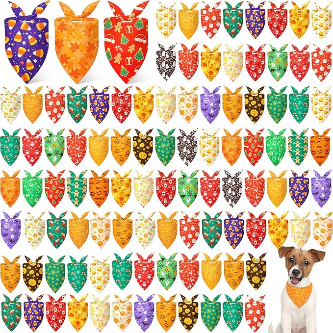 Preboun 100 Pcs Thanksgiving Christmas Dog Bandanas Bulk Holiday Bandanas for Dog Triangle Kerchief Bib Scarf Set for Pet Cat Party Costume Photo Props Accessories Pet Shops Owners Groomers, 25 Styles