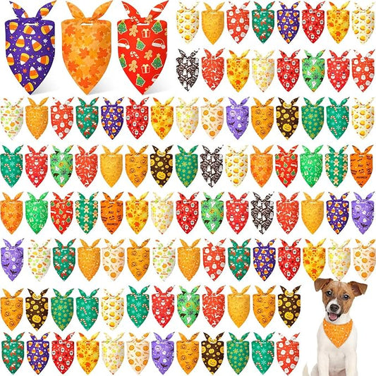 Preboun 100 Pcs Thanksgiving Christmas Dog Bandanas Bulk Holiday Bandanas for Dog Triangle Kerchief Bib Scarf Set for Pet Cat Party Costume Photo Props Accessories Pet Shops Owners Groomers, 25 Styles