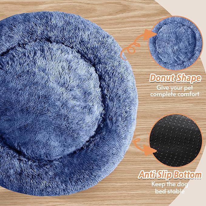 JOLLYVOGUE Calming Dog & Cat Bed for Small Dogs, Anti-Anxiety Donut Cuddler Cozy Soft Round Bed with Anti-Slip Bottom, Fluffy Faux Fur Plush Cushion Beds for Small Medium Pets (20")