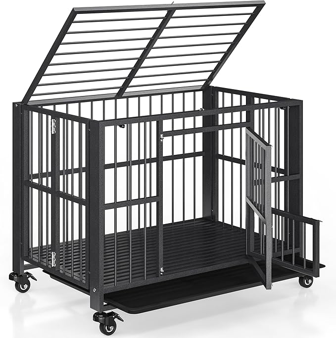 Polar Aurora Heavy Duty Dog Crate, Foldable Indestructible Dog Kennel, Escape Proof Extra Large Dog Cage with Lockable Wheels, High Anxiety Pet Playpen with Double Door for Indoor/Outdoor Use. (43in)