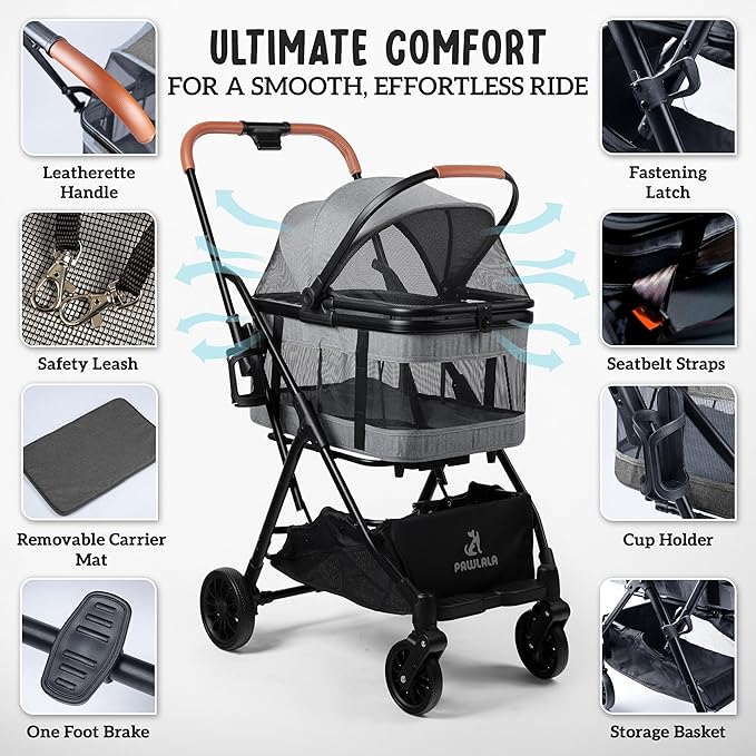Pet Stroller with Detachable Carrier - Ideal for Small to Medium Dogs & Cats - Compact & Convenient Design - Easy Assembly Pet Stroller for Cats, Dog Strollers for Small Dogs - Metallic Gray