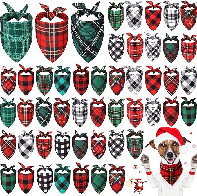 Sanwuta 50 Pieces Christmas Dog Bandanas Bulk, Classic Plaid Dog Bandanas, Triangle Scarf Plaid Kerchief for Small to Large Puppy Pet Cats(31.5 x 21.7 x 21.7 Inch)