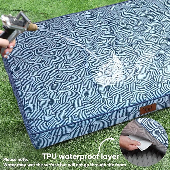 Outdoor Dog Bed for Small Dogs, Waterproof Dog Crate Bed for Puppy Dogs, Orthopedic Egg Crate Foam Pet Mat with Washable Removable Oxford Cover, White Blue