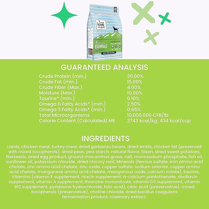 I and love and you Naked Essentials Dry Dog Food - Lamb + Bison - High Protein, Real Meat, No Fillers, Prebiotics + Probiotics, 4lb Bag