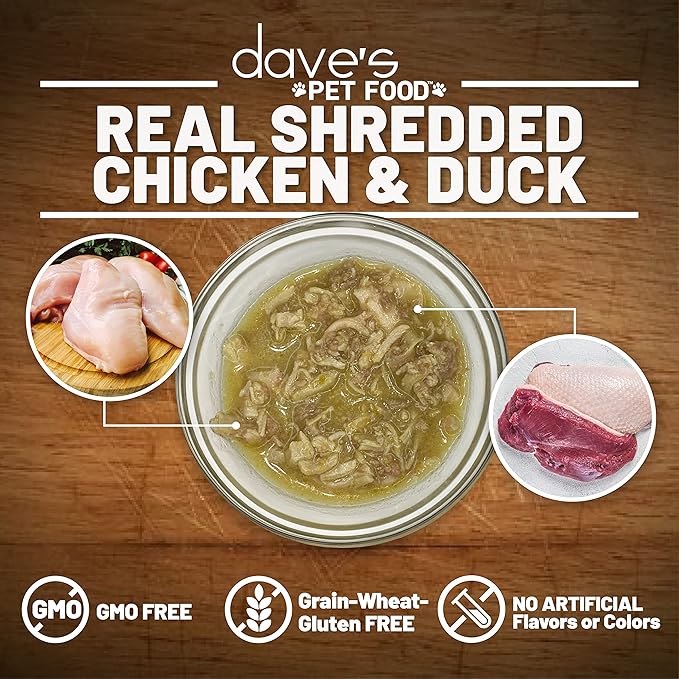 Dave's Pet Food Grain Free Wet Cat Food (Shredded Chicken & Duck in Gravy), Naturally Healthy Canned, Added Vitamins & Minerals, Wheat, Gluten, & GMO-Free, 2.8 oz (24 Pack)
