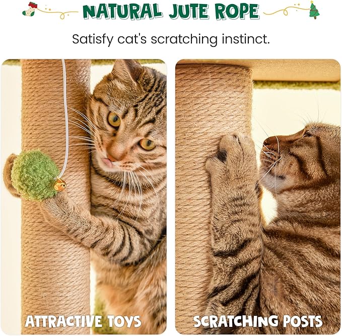 MWPO Green Modern Cat Tree, 70.1-Inch Large Wood Cat Tower for Indoor Cats, Multi-Level Tall Cat Condo with 2 Padded Perches, Hammock, Scratching Posts, Dangling Toys for Large Adult Cat