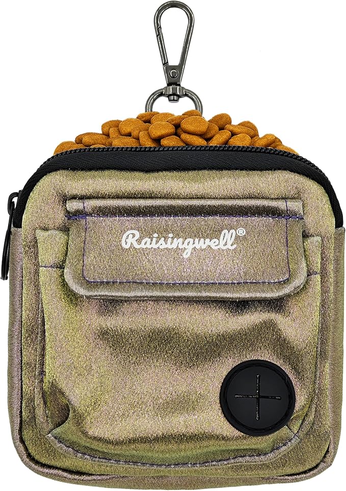 Dog Treat Pouch for Pet Walking and Training with Clicker Poop Bags and Double Bag Design Small Fanny Zipper Pack Holder for Puppy Snack Dispenser Kit for Leash and Outdoor Use (NM-Bronze