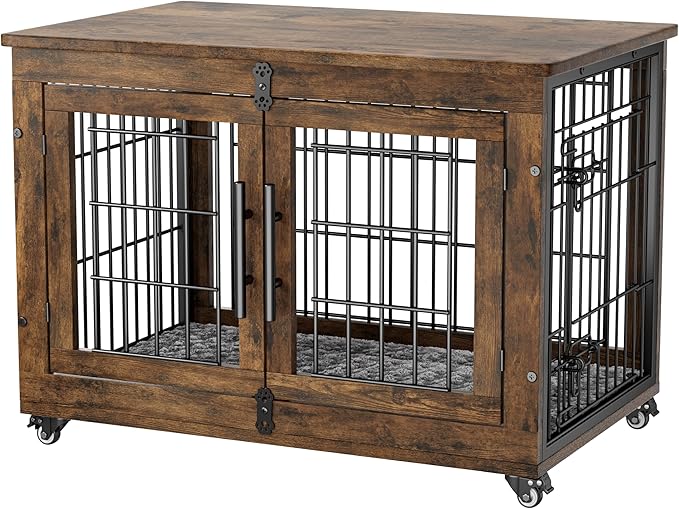 Dog Crate Furniture with Cushion, Wooden Dog Kennel Indoor with Double Doors, Dog Cage with Wheels, Dog House Side End Table for Small Medium Dogs up to 45 lb, 32.5” L, Rustic Brown