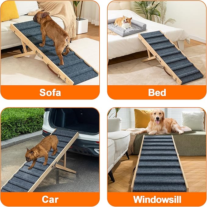 Clikuutory 2025 Upgraded Dog Ramp for Couch, 39.4" Foldable Small Dog Ramp for Bed, 4 Adjustable Height from 13" to 22", Portable Stable Pet Steps with Anti-Slip Carpet for Low Bed Couch Stairs, Wood