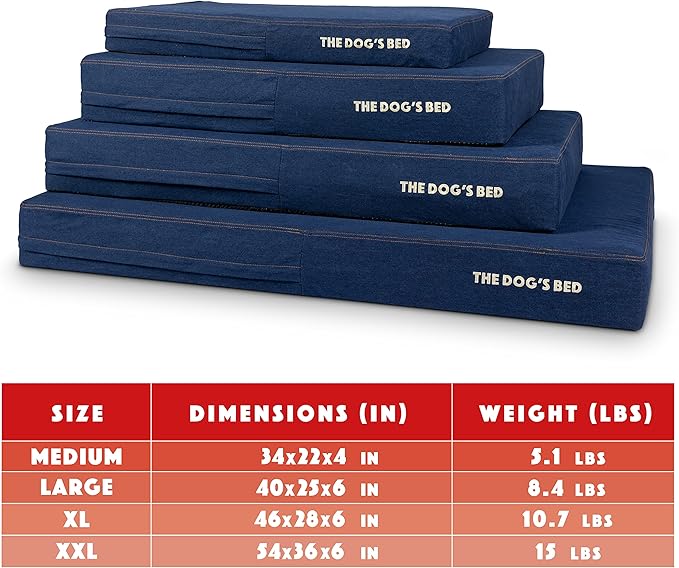 The Dog’s Bed Orthopedic Memory Foam Dog Bed, XL Blue Denim, Pain Relief for Arthritis, Hip & Elbow Dysplasia, Post Surgery, Lameness, Supportive, Calming, Waterproof Washable Cover