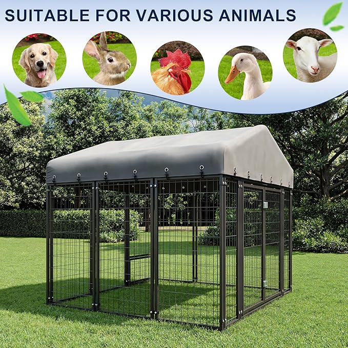 6X6FT Dog Kennel Outside Double Door Dog Kennel Outdoor with Feeding, Heavy Duty Outdoor Dog Crate Durable Dog Cage with Roof & Double Lock