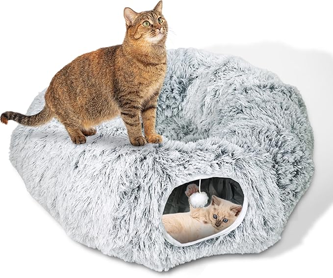 Donut Tunnel Bed for Indoor Cats, Plush Hideaway with Pom Toy, Cozy Cats Toy, Gray