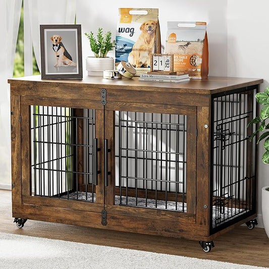 Dog Crate Furniture with Cushion, Large Wooden Dog Kennel Indoor with Double Doors, Dog Cage with Wheels, Dog House Side End Table for Large Medium Dogs up to 70 lb, 38.5” L, Rustic Brown