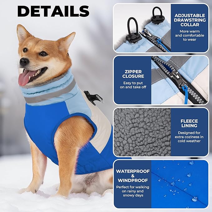 Dog Coats for Small Dogs, Waterproof Warm Dog Winter Jacket with Harness Built in, Reflective Puppy Cold Weather Coats Zip-up Pet Vest with Fleece Lined Dogs Snowsuit, Blue Small