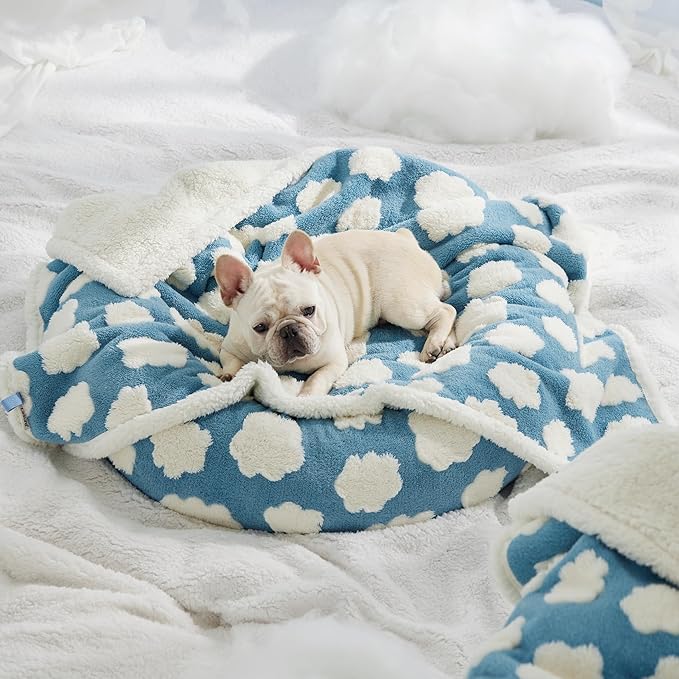 LE SURE Waterproof Dog Blanket for Medium Dogs - Washable Double Sided Dog Blankets with Warm Jacquard Shag and Soft Sherpa Fleece, Pet Cat Blanket for Couch Protection, 3D Textured Cloud, Blue