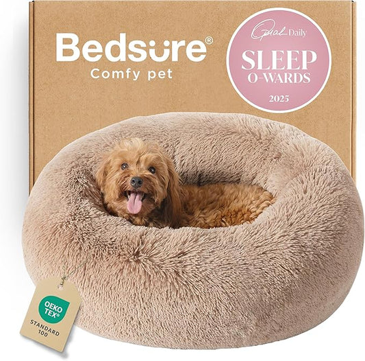 Bedsure Calming Dog Bed for Small Medium Dogs - Donut Washable Medium Puppy Bed, 27 inches Anti-Slip Round Fluffy Plush Faux Fur Pet Bed, Camel