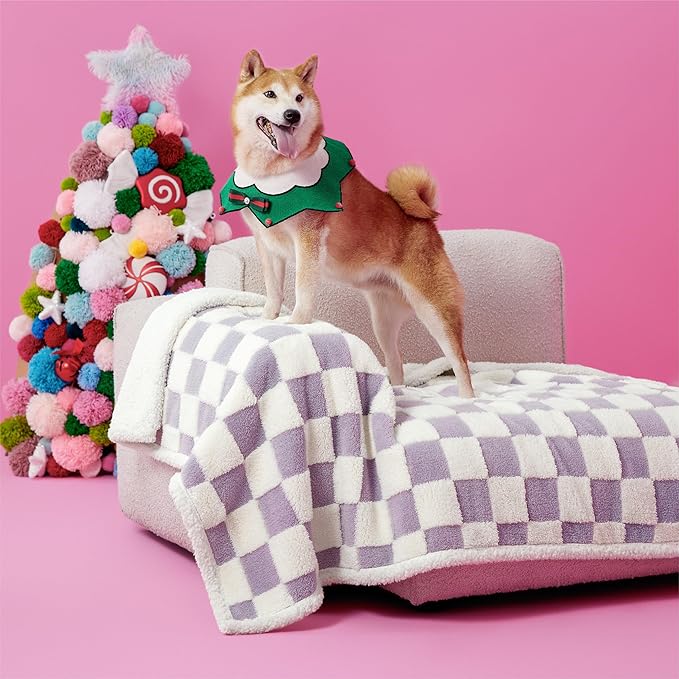 Lesure Waterproof Dog Blanket for Large Dogs - Washable Double Sided Dog Blankets with Warm Jacquard Shag and Soft Sherpa Fleece, Pet Cat Blanket for Couch Protection, 3D Textured Checks, Purple