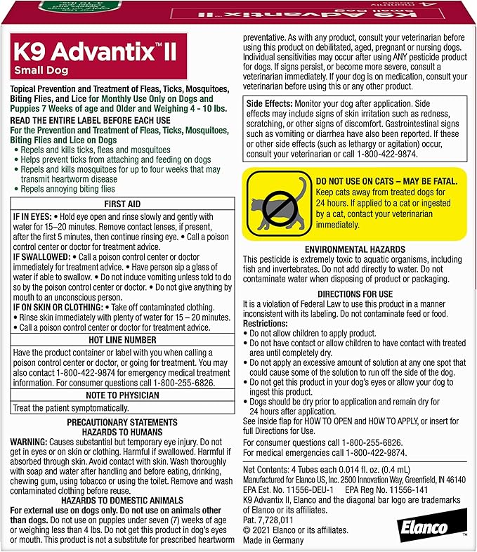 K9 Advantix II Small Dog Vet-Recommended Flea, Tick & Mosquito Treatment & Prevention | Dogs 4-10 lbs. | 4-Mo Supply