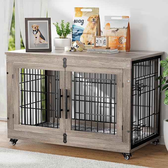 Dog Crate Furniture with Cushion Set of 2, Large Wooden Dog Kennel Indoor with Double Doors, Dog Cage with Wheels, Dog House Side End Table for Large Medium Dogs up to 70 lb, 38.5” L, Grey