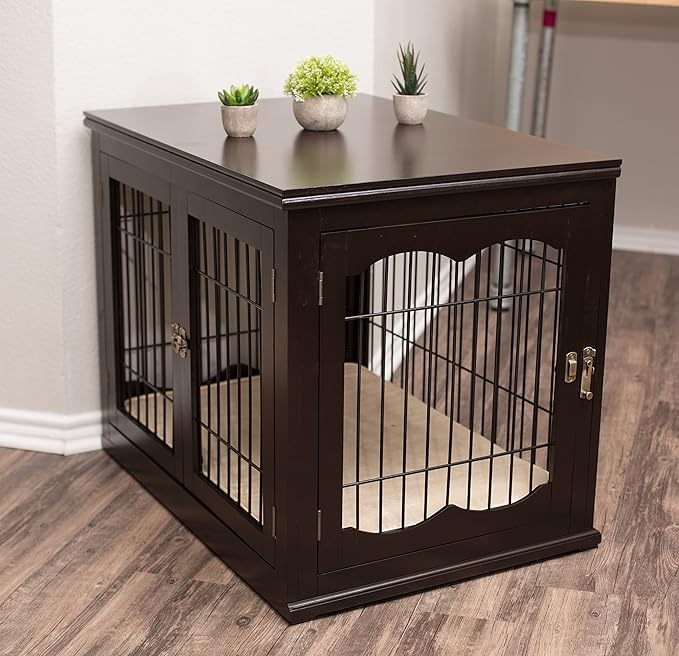 Internet's Best Decorative Dog Kennel with Pet Bed | Double Door | Wooden Wire Dog House | Large Indoor Pet Crate Side Table | Espresso