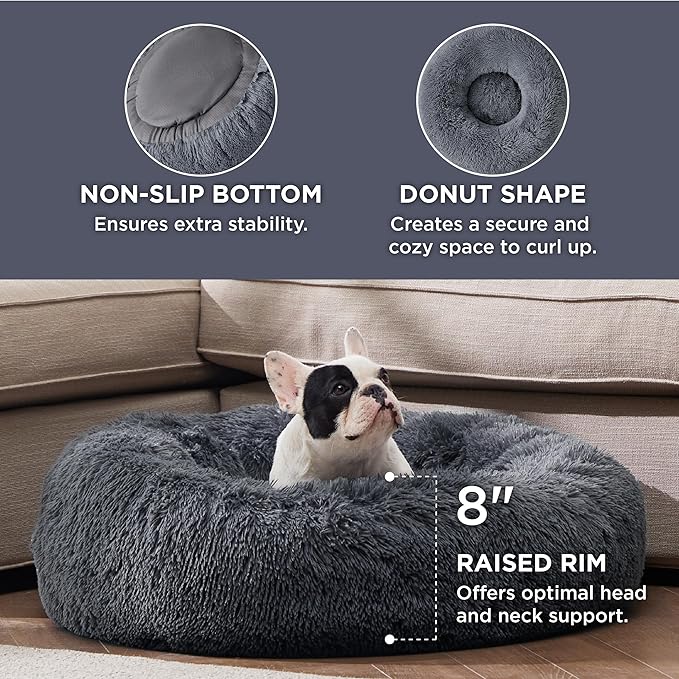Bedsure Calming Dog Bed for Medium Dogs - Donut Washable Medium Pet Bed, 30 inches Anti-Slip Round Fluffy Plush Faux Fur Cat Bed, Fits up to 45 lbs Pets, Dark Grey