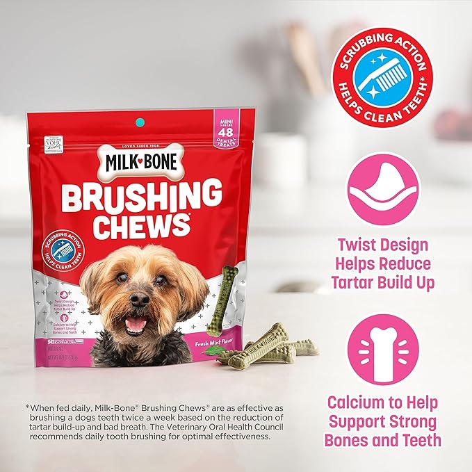Milk-Bone Fresh Breath Brushing Chews, 48 Mini Daily Dental Dog Treats Scrubbing Action Helps Clean Teeth