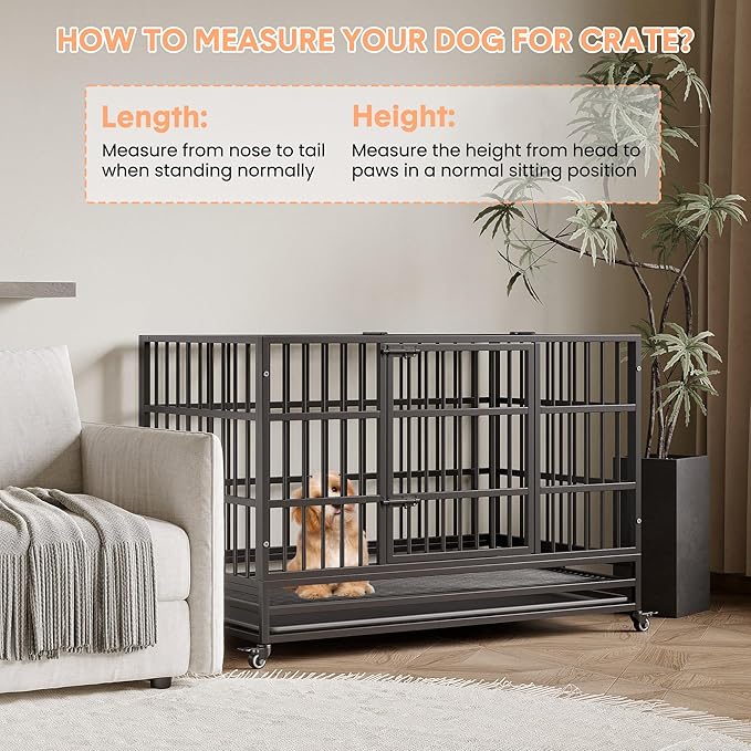 Heavy Duty Metal Dog Crate, 48.5 in Extra Large Double Door Dog Cage with Wheels, Folding Indoor Pet House with Removable Tray Perfect for Small, Medium and Large Pets