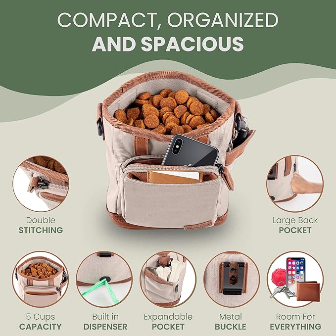 BEAU&FUR Large Dog Treat Pouch with Clicker for Training – 4 Cup Capacity, Built-In Poop Bag Dispenser, Expandable Pocket, Metal Buckle, Large Back Pocket, Ideal Design for Walks and Training – Cream