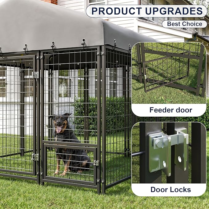 10X14FT Dog Kennel Outside Double Door Dog Kennel Outdoor with Feeding, Heavy Duty Outdoor Dog Crate Durable Dog Cage with Roof & Double Lock