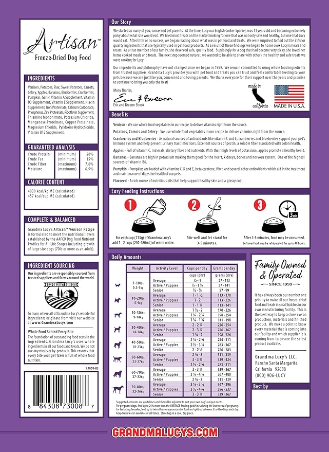 Grandma Lucy's Artisan Dog Food, Grain Free and Freeze-Dried - Artisan Venison, 10Lb Bag