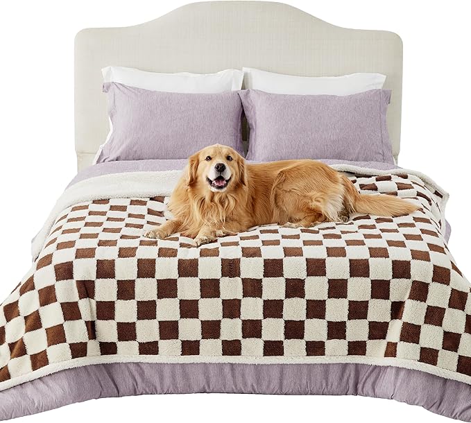Lesure Waterproof Dog Blanket for Large Dogs - Washable Double Sided Dog Blankets with Warm Jacquard Shag and Soft Sherpa Fleece, Pet Cat Blanket for Bed Protection, 3D Textured Checks, Brown
