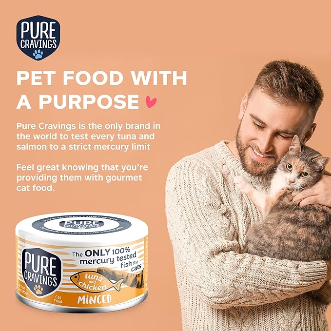 Pure Cravings Minced Tuna and Chicken Wet Canned Cat Food, 100% Mercury-Tested, Moist Can Fish for Cats, Grain-Free, Protein, Non-GMO, 3oz, Pack of 12