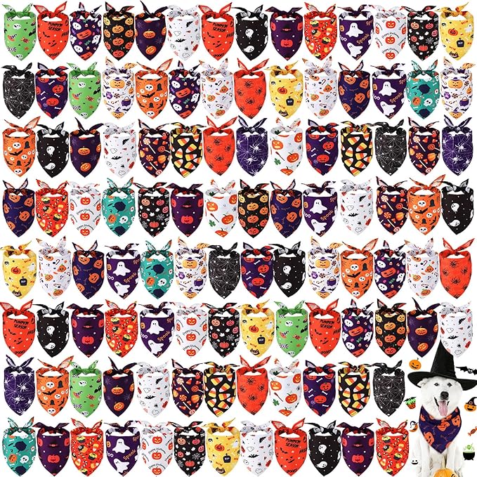 Sanwuta 100 Pcs Halloween Dog Bandanas Bulk Pumpkin Bat Spider Skull Pattern Dog Bandanas for Dogs Triangle Bibs Scarf for Small Medium Large Pet Christmas Costume Accessories(X-Large)