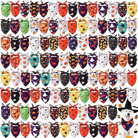 Sanwuta 100 Pcs Halloween Dog Bandanas Bulk Pumpkin Bat Spider Skull Pattern Dog Bandanas for Dogs Triangle Bibs Scarf for Small Medium Large Pet Christmas Costume Accessories(X-Large)