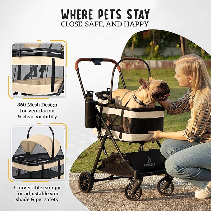 Pet Stroller with Detachable Carrier - Ideal for Small to Medium Dogs & Cats - Compact & Convenient Design - Easy Assembly Pet Stroller for Cats, Dog Strollers for Small Dogs - Bisque Beige