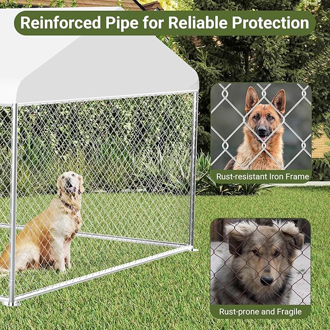 Rovibek 7.5 ×19.7 FT Outdoor Dog Kennel with Roof, Two Rooms Dog Kennel Outside with Waterproof Sunproof Cover, Galvanized Heavy Duty Dog Kennel and Enclosure for Outside with Secure Lock