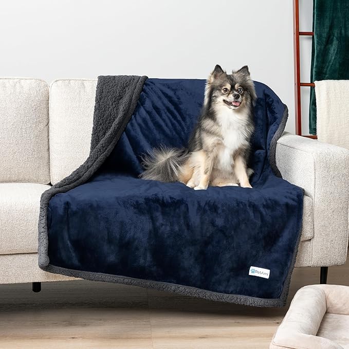 PetAmi Waterproof Dog Blanket for Medium Large Dog Puppy Cat Throw for Couch Cover Leakproof Protection, Sherpa Fleece, Reversible Soft Washable 60x40 Navy Gray