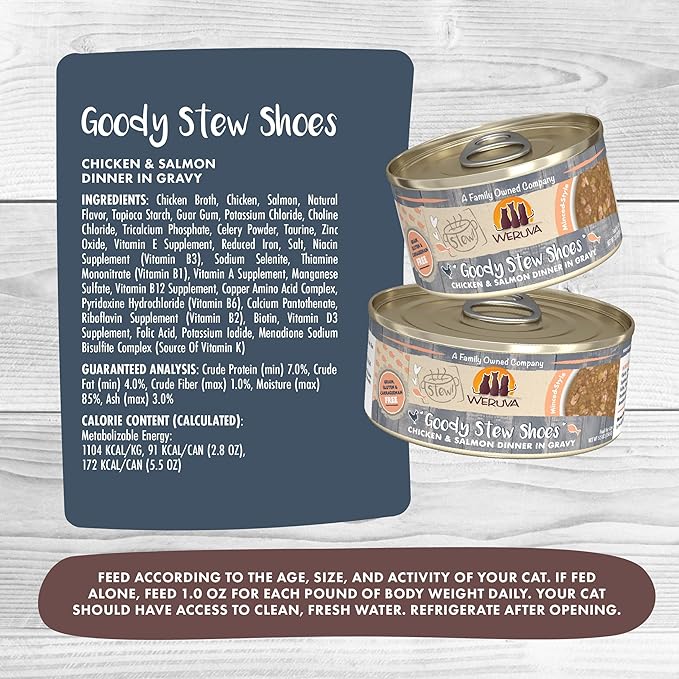 Weruva Classic Cat Stews!, Goody Stew Shoes with Chicken & Salmon in Gravy, 2.8oz Can (Pack of 12)