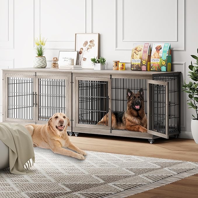 Dog Crate Furniture with Cushion Set of 2, Wooden Dog Kennel Indoor with Double Doors, Dog Cage with Wheels, Dog House Side End Table for Large Dogs up to 85 lb, 44" L, Grey