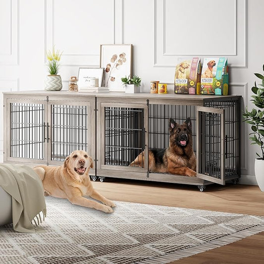 Dog Crate Furniture with Cushion Set of 2, Wooden Dog Kennel Indoor with Double Doors, Dog Cage with Wheels, Dog House Side End Table for Large Dogs up to 85 lb, 44" L, Grey
