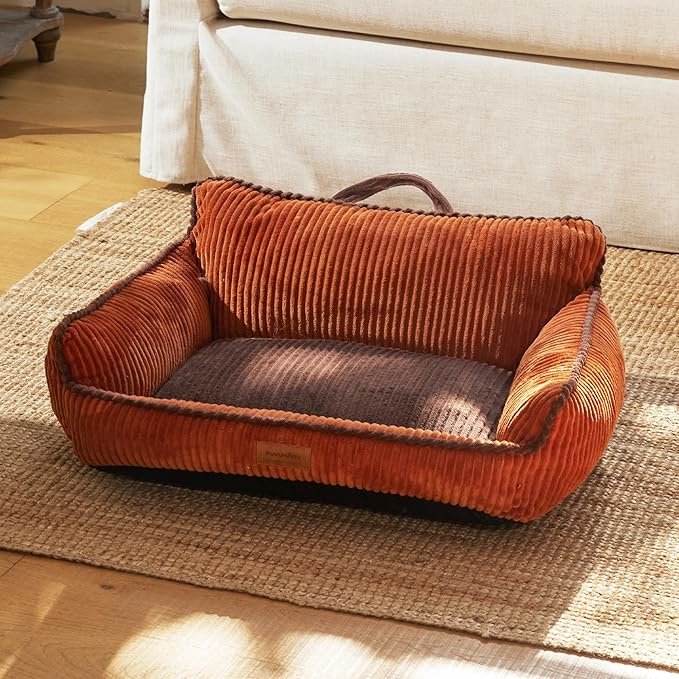 FUKUMARU Cat Couch Bed, Fluffy Corduroy Cat Beds for Indoor Cats with Washable Cover, Waterproof Small Dog Sofa Beds with Portable Handle and Anti-Slip Bottom, Pet Beds & Furniture 28inch, Orange