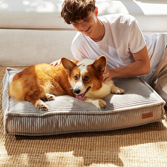 FUKUMARU Dog Bed, Thickened Corduroy Dog Beds Mat with Washable Cover, Large Waterproof Cotton Dogs Bed for Crate, Cozy Fluffy Pet Pillow Beds Kennel Pad with Non-Slip Bottom, 36inch, Light Grey