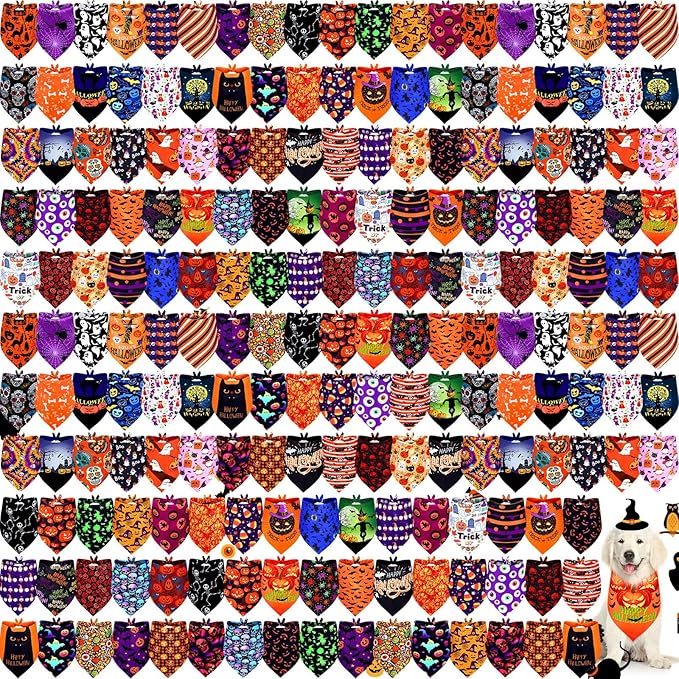 Newwiee 200 Pcs Halloween Dog Bandanas Bulk for Dogs Adjustable Triangle Bibs Scarf Halloween Pumpkin Bat Skull Ghost Spider Pet Costumes Scarf Holiday Accessories for Large Dog Puppy